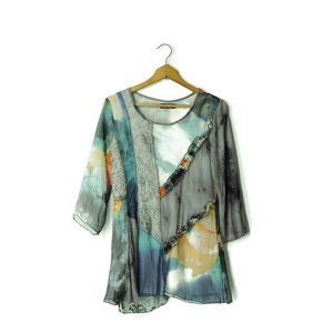 Mixed media knit chiffon ruffle 3/4 sleeve tunic blouse top abstract print